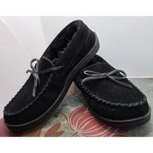 My Slippers Womens 8 Black Suede Leather Black Faux Fur Lining Comfy